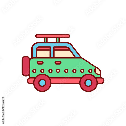 A colorful illustration of a green off-road vehicle with a spare tire and roof rack.
