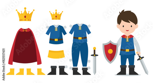 Paper doll set of a little boy prince with various royal outfits including a crown cape and a sword for dress-up games.