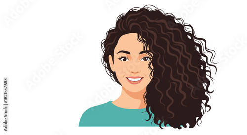 Beautiful smiling woman with long thick curly brown hair and a happy expression shown in a simple vector portrait style.