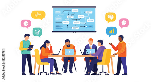 Diverse team collaborating on business strategy in modern office presentation of workflow charts and brainstorming with data analysis to achieve company goals