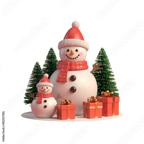 3D Snowman Family Winter Scene with Gifts, Snowflakes, and Holiday Decorations — Cute Christmas Illustration for Seasonal and Merry Christmas Projects