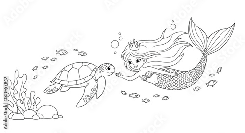 Enchanting coloring page of a cute mermaid princess with a crown swimming underwater with a friendly sea turtle and fish.