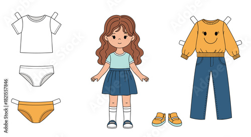 Paper doll coloring page of a cute girl with two outfits including a sweater and jeans for a fun dress-up activity.