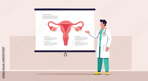 Doctor Explaining Female Reproductive System on Presentation Board in Clinic Setting Illustration for Educational Resources and Medical Professionals Demonstrating Anatomy