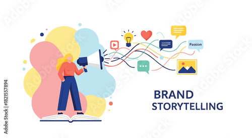 Effective Brand Storytelling with Female Spokesperson Communicating Passion and Creativity to Audience Through Megaphone Standing on a Book of Knowledge Revealing Innovative Ideas