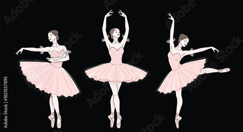 Elegant Ballet Dancers in Pink Tutus Performing Classic Positions on Black Background Graceful Artistic Expression and Beautiful Dance Movement Showcasing Ballerina Skill and Precision