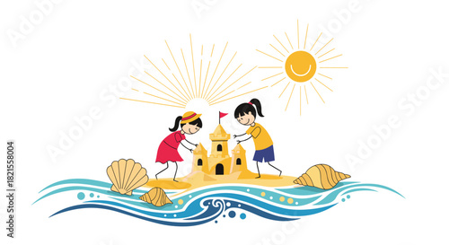 Two smiling girls building a sandcastle together on a sunny beach with ocean waves and seashells in a charming illustration.