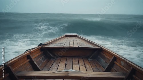 An old wooden boat navigating through turbulent waves, creating a sense of adventure and the sea