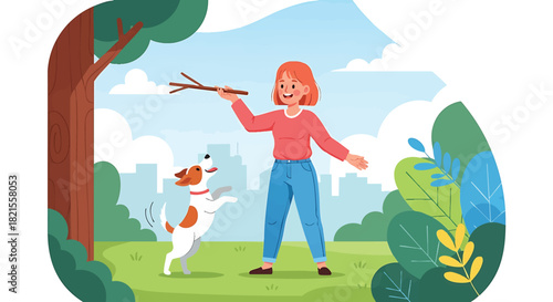 Girl playing fetch with dog in a vibrant urban park on a sunny day vector illustration depicting fun and exercise with pets outdoors