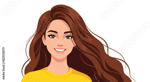 Beautiful smiling young woman with long flowing brown hair and a cheerful expression in a vector portrait illustration.