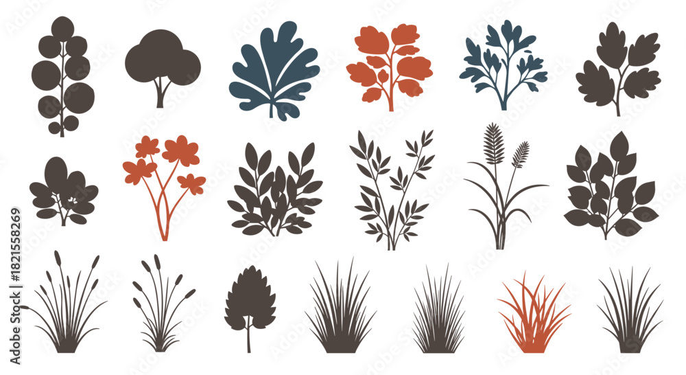 Naklejka premium A diverse set of stylized plant and bush silhouettes in various shapes and colors for landscape design and decoration.