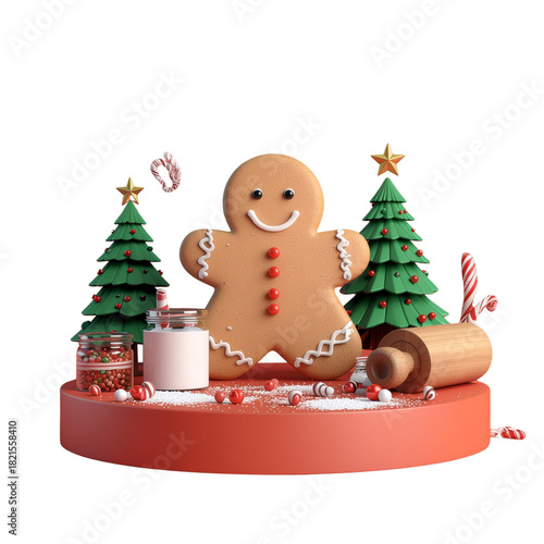 3D Christmas Cookie Baking Scene with Gingerbread Shapes, Rolling Pin, Candy Cane Decorations, and Festive Holiday Details — Warm Seasonal Illustration