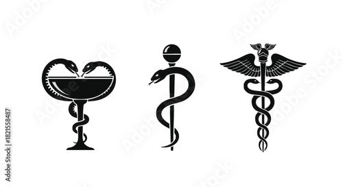 Medical Symbols Set for Healthcare and Pharmaceutical Concepts Featuring Asclepius Staff and Hygieia Bowl Illustrations and Their Symbolic Meanings in Health and Medicine Fields