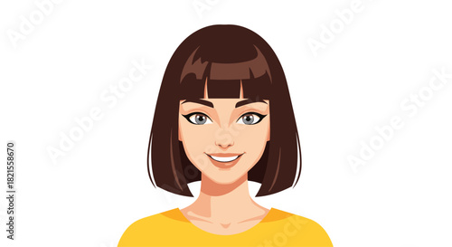 Vector portrait of a beautiful young woman with a stylish brown bob haircut and a friendly confident smile on white.