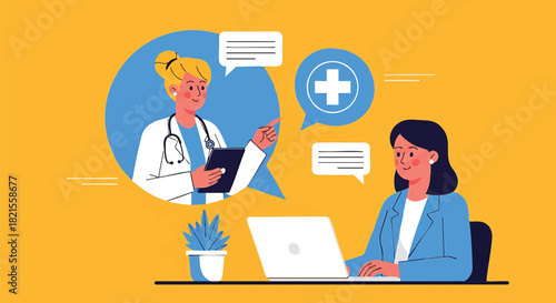 Online medical consultation vector illustration showcasing a woman talking to her doctor through a video call for healthcare advice and digital health management during a telemedicine session