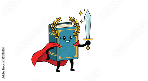 Heroic cartoon book character wearing a red cape and laurel wreath while holding a shiny sword ready for an adventure.