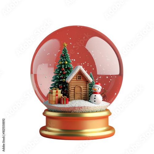 3D Christmas Snow Globe Scene with Cabin, Christmas Tree, Snowman, Gifts, and Falling Snow — Festive Holiday Illustration for Merry Christmas Designs