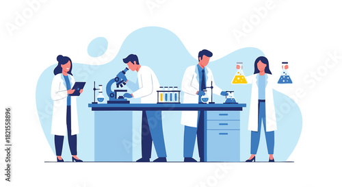Scientific Research Team Conducts Experiments in Laboratory Illustration Shows Doctors Scientists Analyzing Data and Handling Chemical Substances for Medical Advancements and Innovative Discoveries