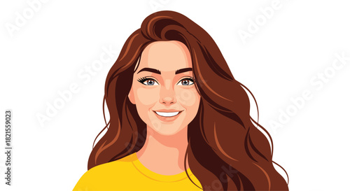 A beautiful young woman with a radiant smile and long flowing brown hair is shown in a cheerful vector portrait.