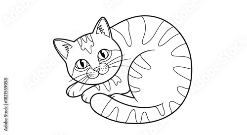 A simple coloring page of a cute striped cat curled up and looking at the viewer with big innocent eyes.