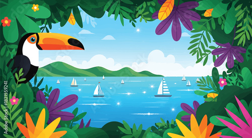 Tropical paradise scene with toucan bird framed by lush jungle foliage overlooking ocean with sailboats and distant hills providing a vibrant colorful vector illustration
