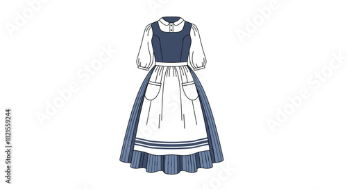 A classic blue and white peasant or village dress with an apron and puffed sleeves isolated on a white background.