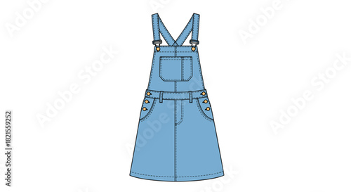A stylish light blue denim overall dress or pinafore with pockets and buttons in a detailed fashion vector illustration.