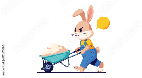 A determined cartoon rabbit wearing overalls pushes a wheelbarrow full of sand in a funny and cute vector character illustration.