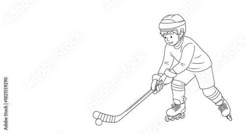 Coloring page of a boy in a helmet and rollerblades playing hockey with a stick and a ball for kids.
