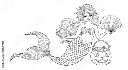 A beautiful mermaid coloring page with a Halloween theme featuring a pumpkin basket and seashells for a creative and fun activity.
