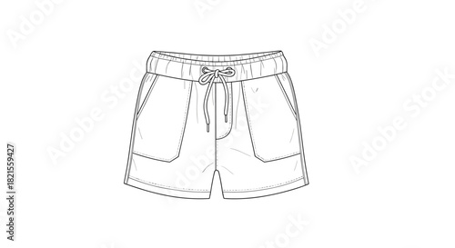 A technical fashion drawing or coloring page of casual shorts with a drawstring and pockets in a simple line art style.