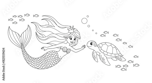 A delightful coloring page showing a beautiful mermaid princess swimming with a friendly sea turtle and a school of small fish.