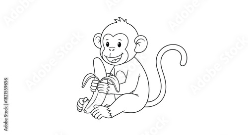 A charming coloring page of a happy little monkey sitting and peeling a banana ready to eat its favorite food.