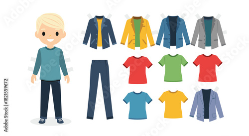 A cute paper doll of a blond boy with a large wardrobe of interchangeable clothes including jackets shirts and pants.