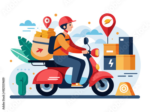 Vector illustration of a fast delivery rider on a motorcycle scooter on white background
