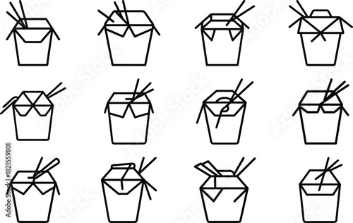 Minimalist Food & Drink Line Art Icon Set – Breakfast, Snacks, Coffee, Pastry, Pizza, Ramen, Wine, Asian Cuisine – Editable Black Outline Vector Bundle for Digital Use