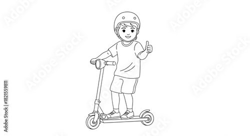 A coloring page of a happy boy wearing a helmet riding an electric scooter and giving a thumbs up gesture.