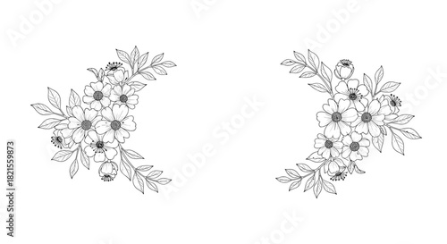 A beautiful hand-drawn floral frame or border element with detailed flowers and leaves in a delicate black and white sketch.