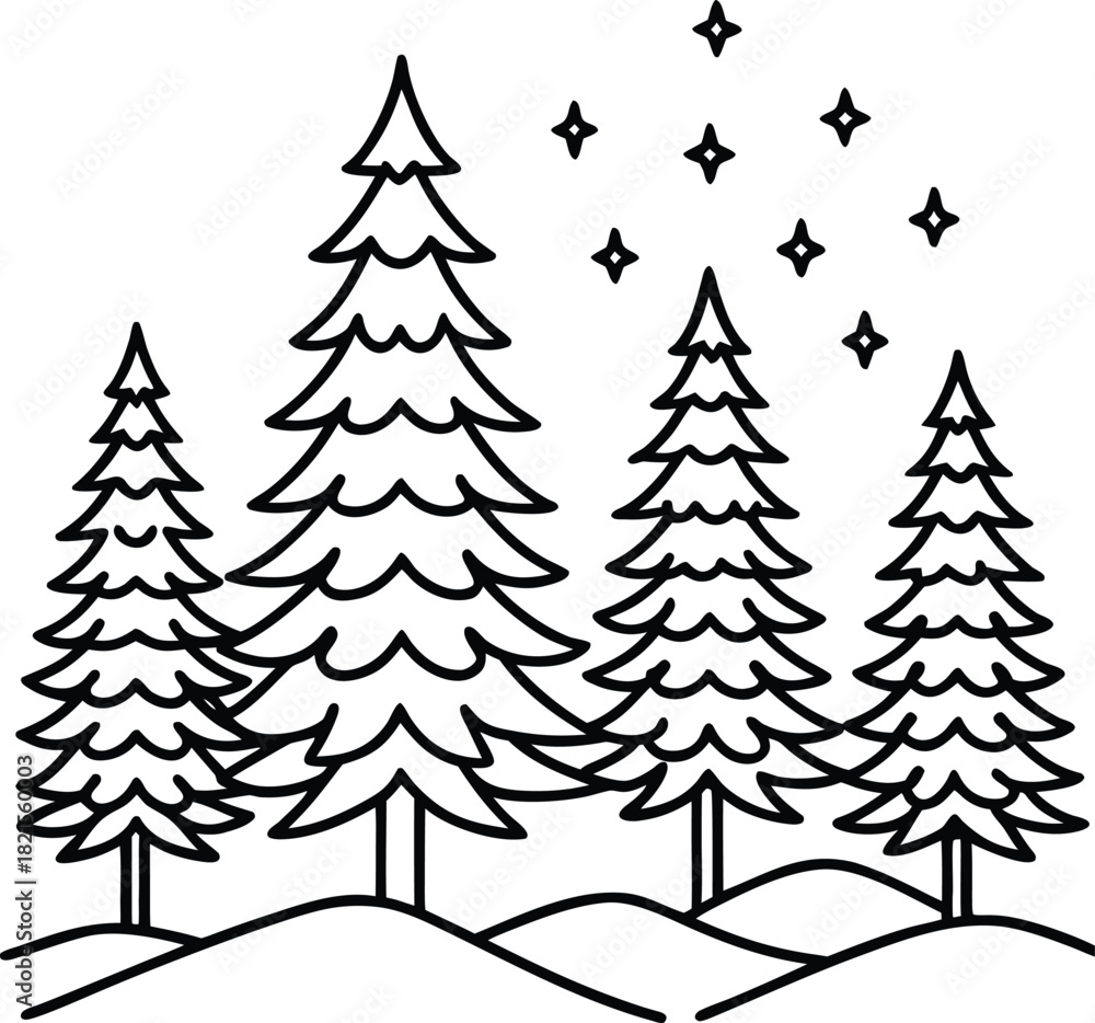 Obraz premium Simple line art winter forest with stars trees pine