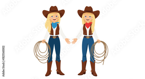 A cute cartoon cowgirl with blonde hair a brown hat and a lasso is shown in two poses in this character set.