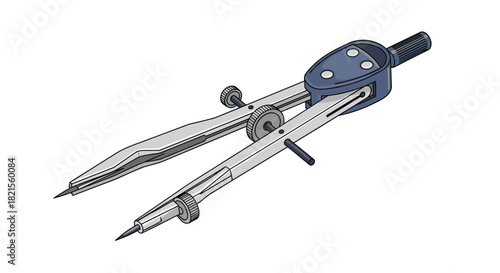 Detailed vector illustration of a professional metal drawing compass used for geometry and technical drafting isolated on white.