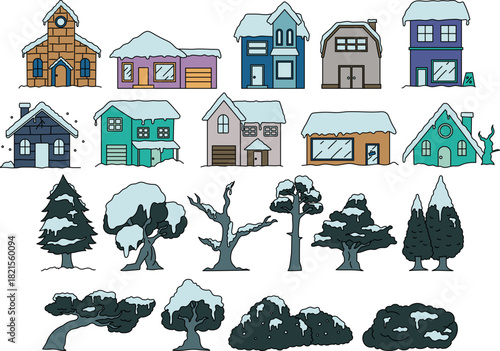 A collection of pixel art assets featuring various houses, trees, and bushes covered in snow.