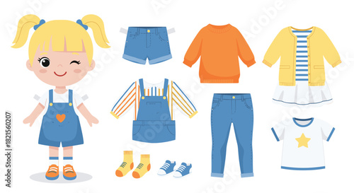Cute paper doll game with a winking blonde girl and a collection of casual outfits including jeans a dress and shoes.