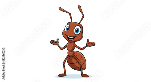 Friendly and smiling brown cartoon ant character standing on two legs and gesturing with its hands on a white background.