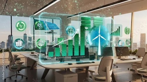 Futuristic Empty Office with Floating Holographic Green Energy Dashboards