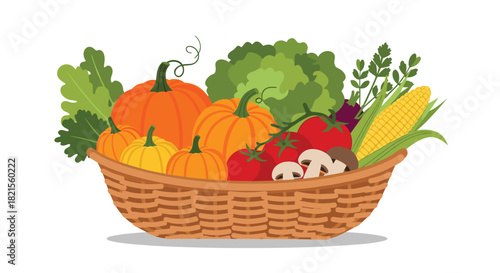Bountiful wicker basket filled with a variety of fresh autumn harvest vegetables including pumpkins tomatoes and corn cobs.