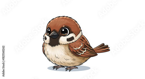 Very cute and chubby cartoon sparrow with big adorable eyes and detailed brown feathers sitting on a plain white background.