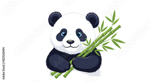 Cute and friendly cartoon baby panda bear with blue eyes peeking while holding a bundle of fresh green bamboo stalks.