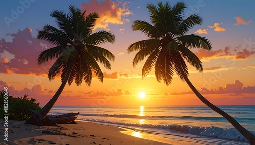 Fototapeta Naklejka Na Ścianę i Meble -  A serene tropical scene featuring two palm trees flanking a brilliant sunset over an ocean horizon with a beached boat