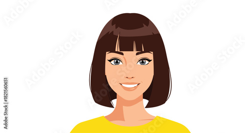 Beautiful smiling young woman with a stylish brown bob haircut and bangs looking directly at the camera on a white background.